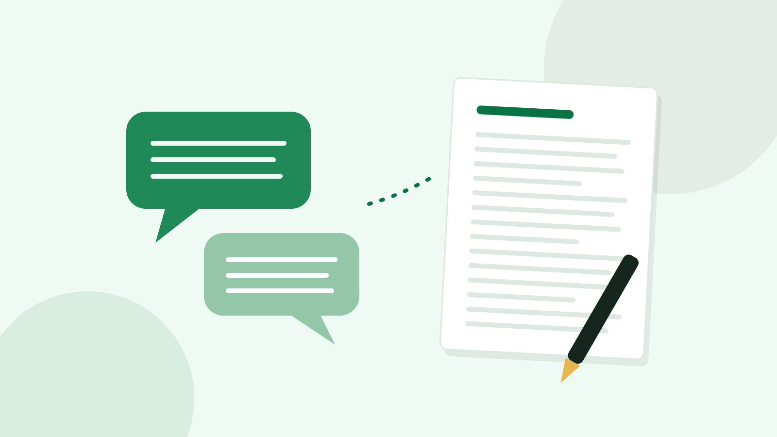 Illustration of two speech bubbles flowing into a manuscript page and a pen