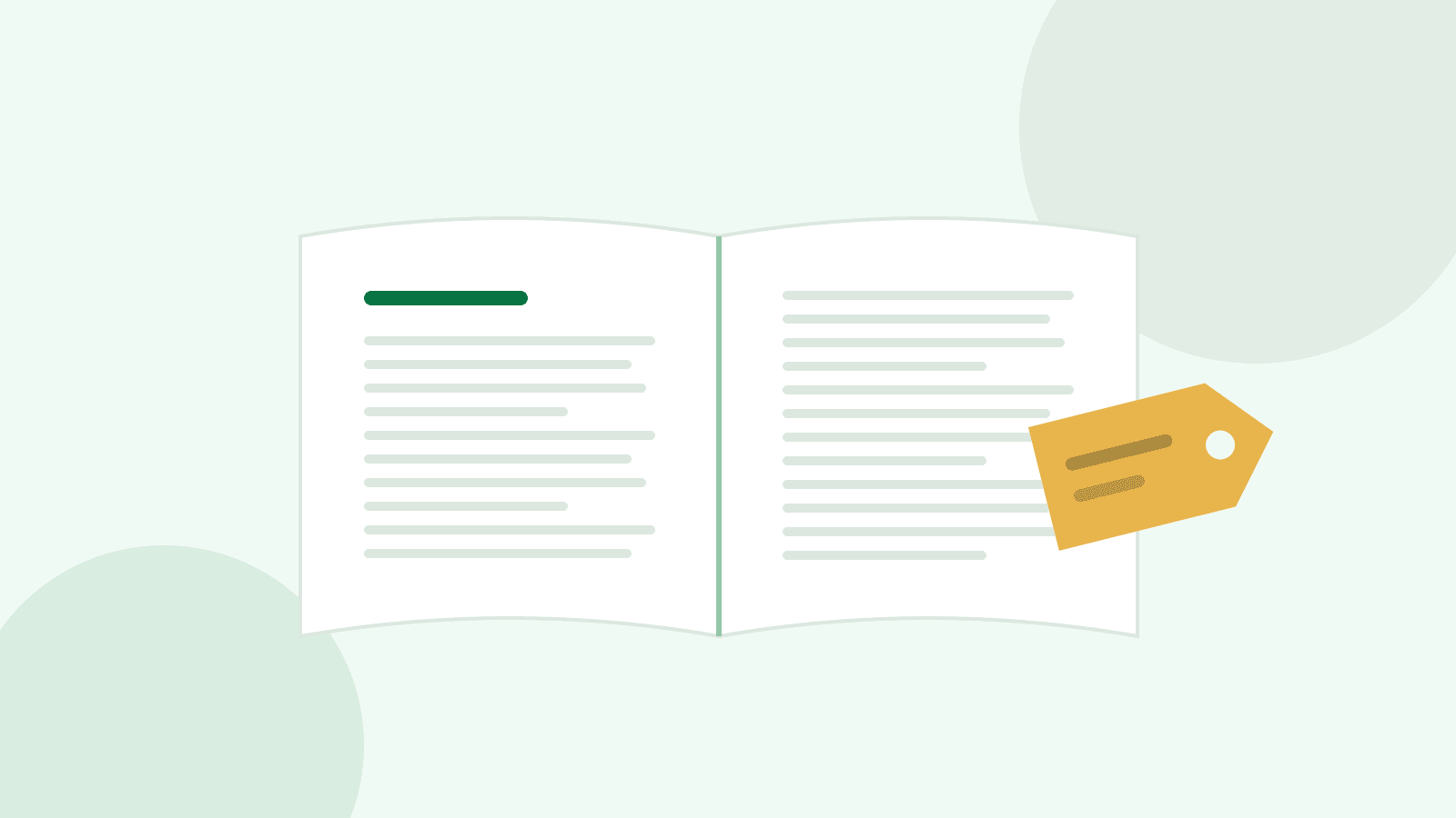 Illustration of an open book with neatly laid-out pages beside a blank price tag