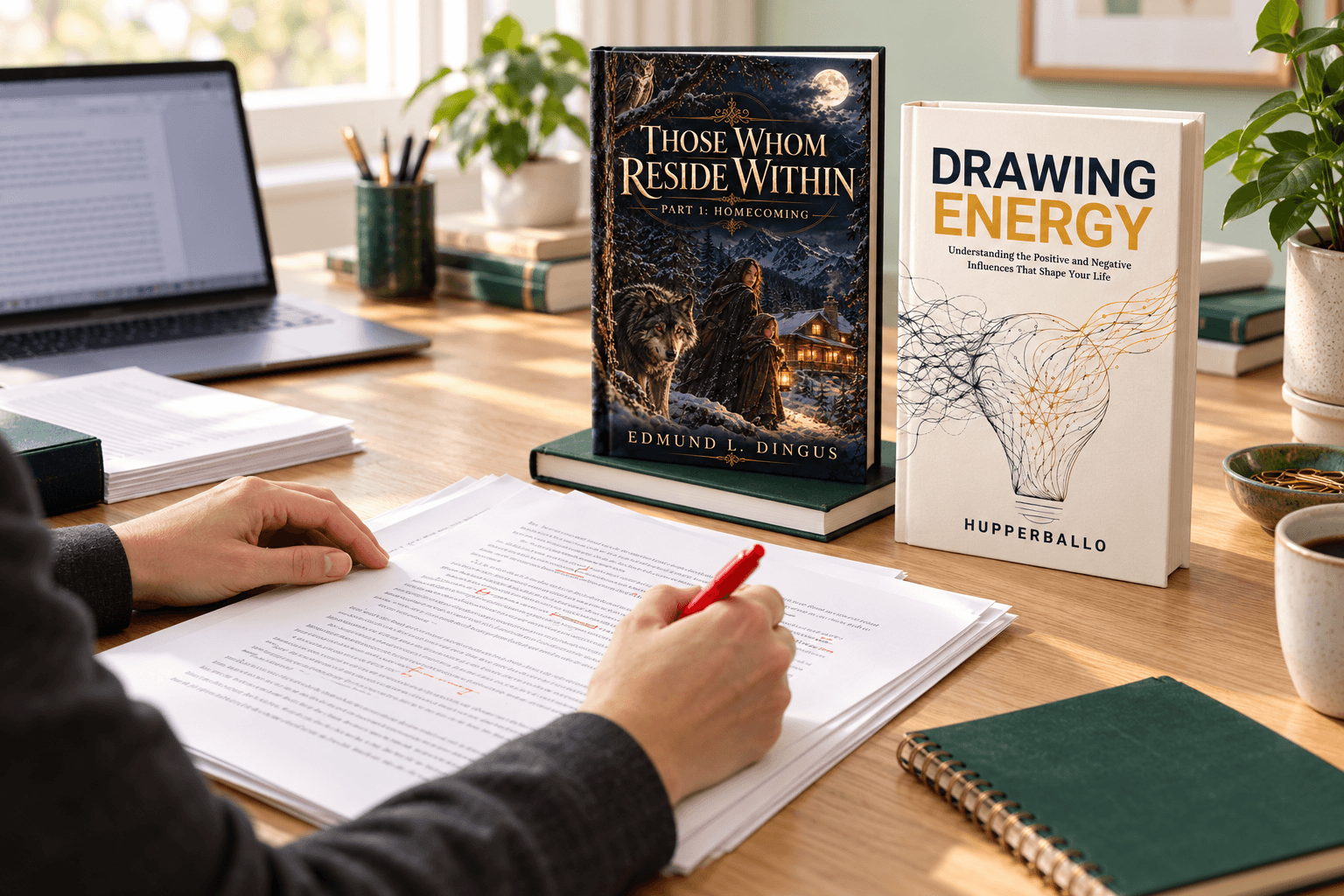 A person marking corrections in red pen on a printed manuscript, beside the paperbacks “Those Whom Reside Within” and “Drawing Energy”
